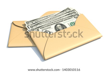 Dollars in envelope 3D render illustration isolated on white background