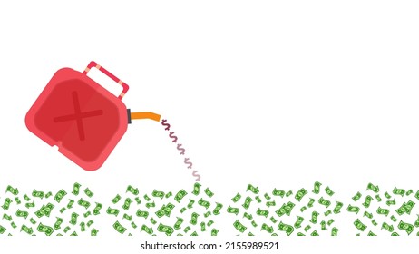 Dollars Pouring Down From Red Gas Can On White Background And Accumulated Dollars At The Bottom.