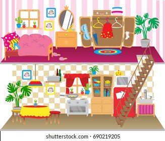 Dolls House Floors Interior. Children Playing Background. House For Doll. Flat Style Cartoon Illustration.