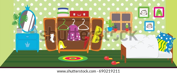 Dolls\
room interior. Horizontal back banner. Children playing background.\
Bedroom for doll. Flat style cartoon\
illustration.
