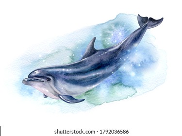 Dolphin with abstract ocean, sea background isolated on white background. Watercolor. Illustration. Template. Hand drawn. Greeting card design. Clip art.