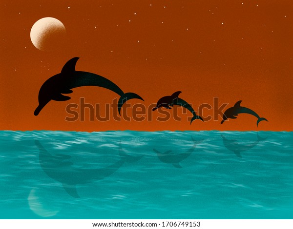 The dolphin family happily swim and jump over the\
water in the middle of the sea and the night sky with the\
glittering moon and\
stars.