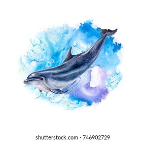 A dolphin realistic and abstract marine, wave background. Watercolor. Illustration. Template. Handmade