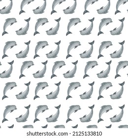 Dolphin seamless pattern, hand painted watercolor print,  Sea creature wallpaper, Cute dolphins fabric background, Sealife repeat pattern, Children ornament with dolphins
