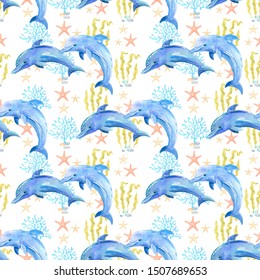 Dolphin watercolor hand painted seamless pattern.