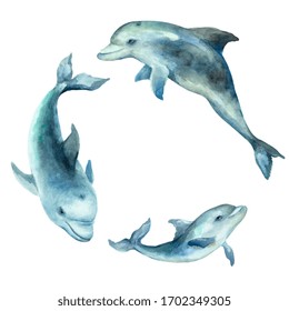 Dolphins With Cub, Joyful Family On A White Background, Hand Drawn Watercolor Illustration.