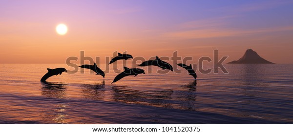 Delfine Bei Sonnenuntergang Uber Dem Wasser Stockillustration