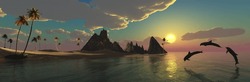 Dolphins Play On The Background Of A Tropical Island, Panorama Of Sea Sunset,
3d Rendering