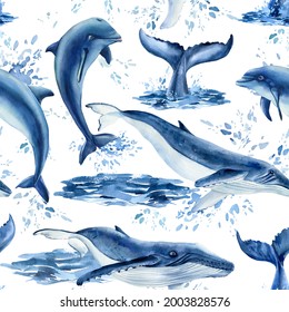 Dolphins and Whales watercolor, nature background, seamless pattern