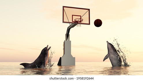 Dolpinhs playing basketball in the ocean . This is a 3d render illustration. - Powered by Shutterstock