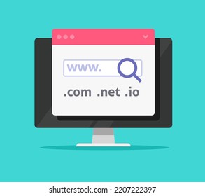 Domain Name Search Find Icon Or Web Server Registration On Hosting Buy On Computer Pc Internet Site Page Flat Cartoon Graphic Illustration