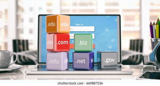 Domain names cubes on a laptop - office background. 3d illustration
