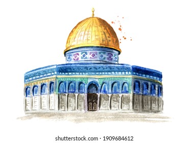 Dome of Rock or Qubbatus Sakhra in Masjidil Aqsa compound on the Temple Mount in Jerusalem, Israel. Hand drawn watercolor illustration, isolated on white background