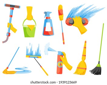  Of Domestic Housework. Household Cleaning Equipments. Cleaning Kit. A Set Of Colorful Icon Collection Isolated On White Background