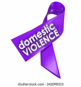 Domestic Violence 3d words on a purple ribbon to raise awareness against the problem of family or spousal abuse in the home
