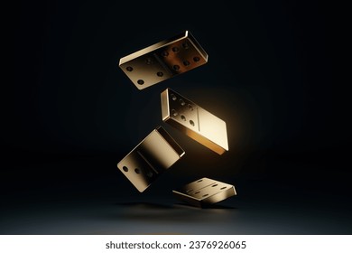 Domino effect, domino concept, tiles falling one after another on a black background. Chain reaction, Metaphor Collapse, default, economic crisis. 3D illustration, 3D render