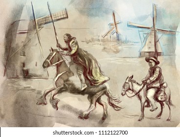 Don Quixote and Sancho Panza - An hand painted illustration. Digital drawing technique.