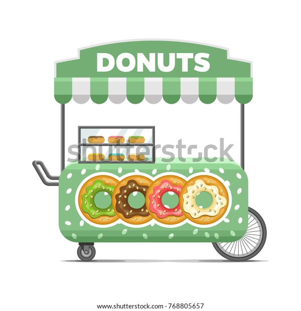 Donat street food cart. Colorful\
illustration, cute style, isolated on white\
background