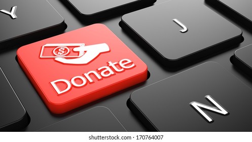 Donate With Money In The Hand Icon - Red Button On Black Computer Keyboard.