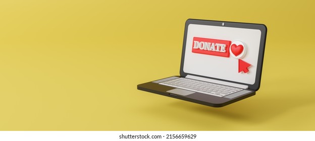 Donate online concept, close-up pressing donate icon button on screen with black laptop computer and yellow background, concept of gift giving, donation, e-donation, volunteer,3d render illustration