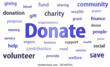 Donate title surrounded by blurred words of context. Titles concept. 3d illustration.