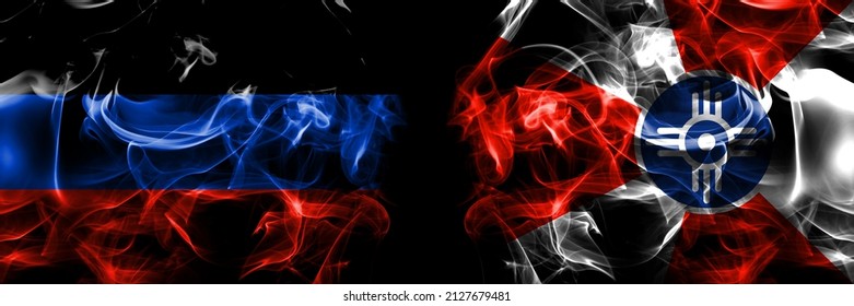 Donetsk People's Republic vs United States of America, America, US, USA, American, Wichita, Kansas flag. Smoke flags placed side by side isolated on black background.