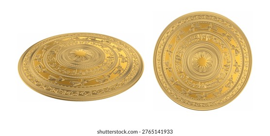 Dong Son Drum Ancient Patterns – Vietnamese Cultural Heritage in Golden Brass. Floral motifs on bronze drums. Vietnamese traditional bronze drum pattern. Trống đồng Đông Sơn. 3d illustration