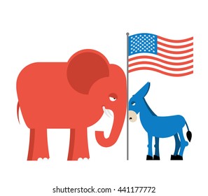Donkey and elephant symbols of political parties in America. USA elections. Democrats against Republicans. Opposition to American policy.  