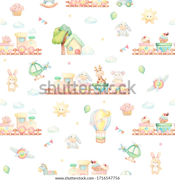 Donkey, giraffe, mouse, car, balloon, train,\
sun, clouds, house, toys, horse. Watercolor seamless pattern, on an\
isolated\
background.