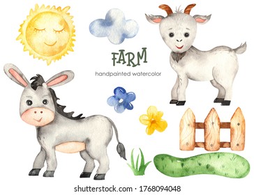 Donkey, goat, meadow, fence, sun, flowers. Farm watercolor hand drawn clipart for kids