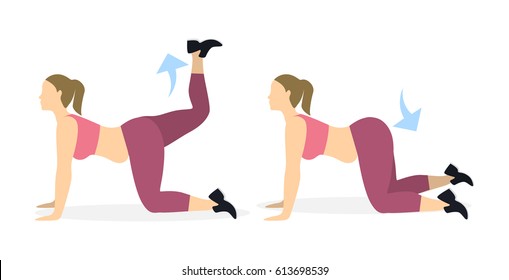 Donkey kicks exercise for legs on white background. Healthy lifestyle. Workout for legs. Exercises for fat women.