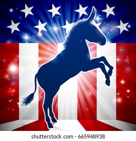 A donkey in silhouette with an American flag in the background democrat political mascot animal