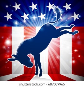 A donkey in silhouette kicking with an American flag in the background democrat political mascot