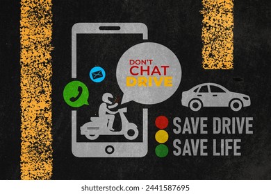 Don't chat and drive concept. Stay safe on the road and avoid distractions. This banner reminds us of the dangers of call, chat and texting while driving - Powered by Shutterstock