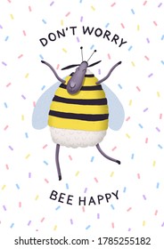 Don't Worry, Bee Happy Poster/postcard With A Funny Sheep Illustration And Colorful Background