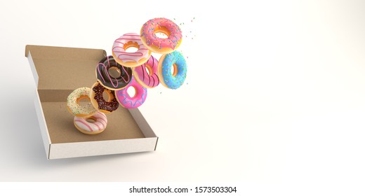 Donut box falling or flying in motion on white background with copy space 3d-illustration