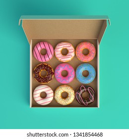 Donut box isolated on mint background 3d-illustration top view
