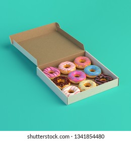 Donut box isolated on mint background 3d-illustration