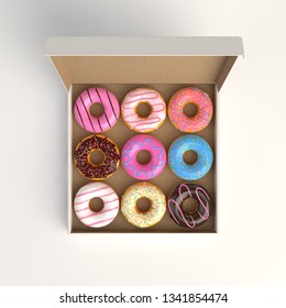 Donut Box Isolated On White Background 3d-illustration Top View