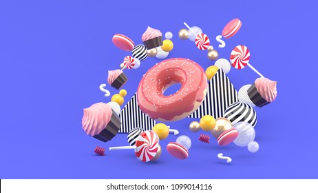 Donut ,Cupcakes ,Macaron,Candy floating among colorful balls on a purple background.-3d render. - Powered by Shutterstock