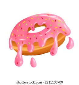 Donut With Pink Icing Sugar And Sprinkle. For Sticker, Presentation, Children Book And Flash Card. A Simple Illustration