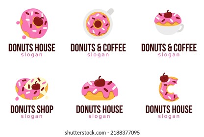 Donut Shop Logo With Cherry And Sugar Elements, Pink Dessert Logo, Bakery Logo, Donut With Coffee Brand