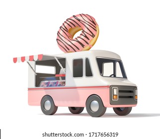 Donut truck, street food, mobile fast food 3d rendering