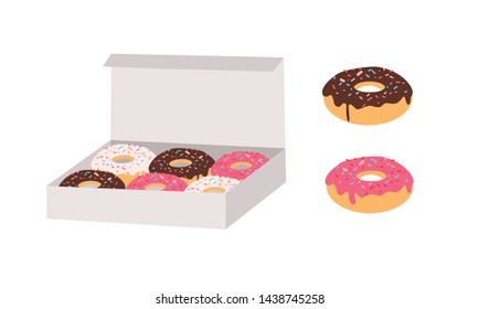 Donuts glazed with colorful sugar and chocolate icing and topped with sprinkles lying in carton box and isolated on white background. Tasty fried dough confectionery or dessert. illustration.