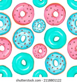 Donuts.  Watercolor Donuts Seamless Pattern. Hand Painted Pink, Blue And Green Doughnut With Glazs. Tasty Dessert 