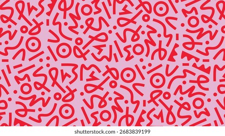 Doodle abstract vector pattern on Red color with Lavender background. Fun Red doodle lines pattern.