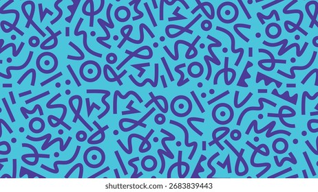 Doodle abstract vector pattern on Purple color with Cyan background. Fun Purple doodle lines pattern