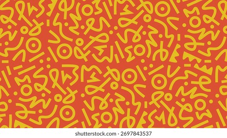Doodle abstract vector pattern on Signal Yellow color with Salmon Orange background. Fun Signal Yellow doodle lines pattern.