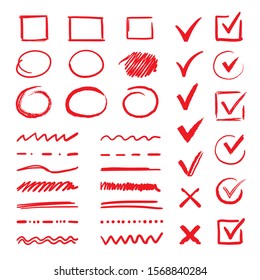 Doodle Check Marks And Underlines. Hand Drawn Red Strokes And Pen Markings V Marks For List Items.  Marker Check Handwritten Signs And Checkbox