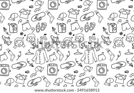 Doodle clothes pen line elements. Doodle blouse, pants, slippers, socks, hat, shoes, decoration symbol set icon. Simple sketch line style emphasis, attention, pattern elements. Vector illustration.